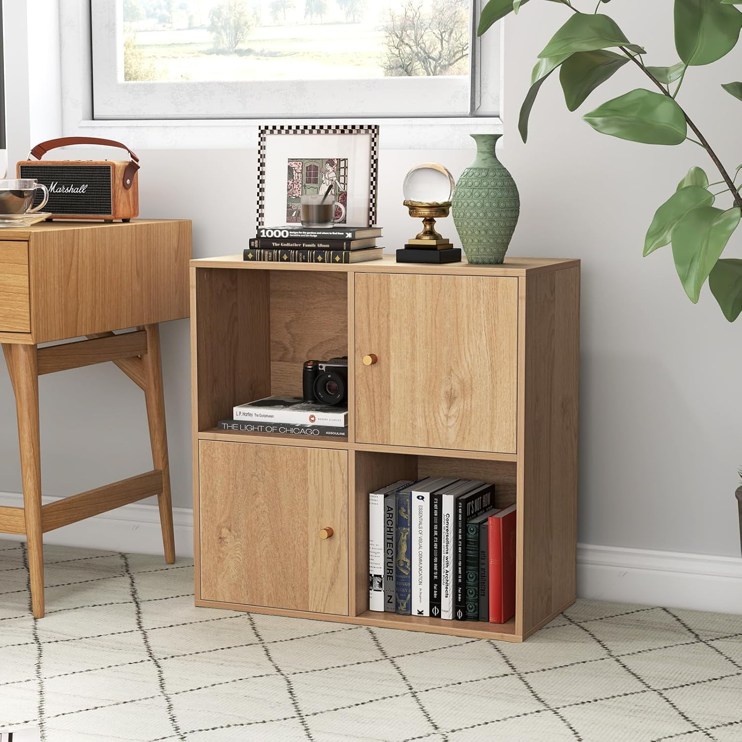 CRXX 4 Cube Bookcase, 2 Tier Bookshelf with Doors & Open Storage, Wooden Bookshelves & Bookcases, Modern Display Shelf, Small Book Shelf for Bedroom, Living Room, Home Office (Natural, 4 Cubes)