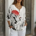 thumbnail image 3 of Xoenoiee Grus japonensis Sunset Print Womens Cotton Linen Button Down Shirts Loose Fit 3/4 Sleeve Blouse Casual V Neck Tops Outfits, XL, 3 of 7