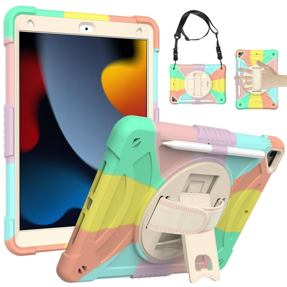 ELEHOLD for iPad 9/8/7 (10.2-Inch, 2021/2020/2019 Model, 9th/8th/7th Generation), Heavy Duty Shockproof Rugged Handle Shoulder Strap Rotating Kickstand Cover with Pencil Holder, Colorful