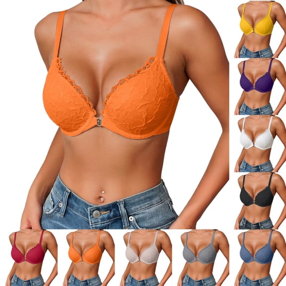Women Lace Front Closure Underwire Bra Thin Cup Racerback Y-Strap T-Back Support Bra Floral Lace Push Up Everyday Comfort for Ladies(Orange,80B)