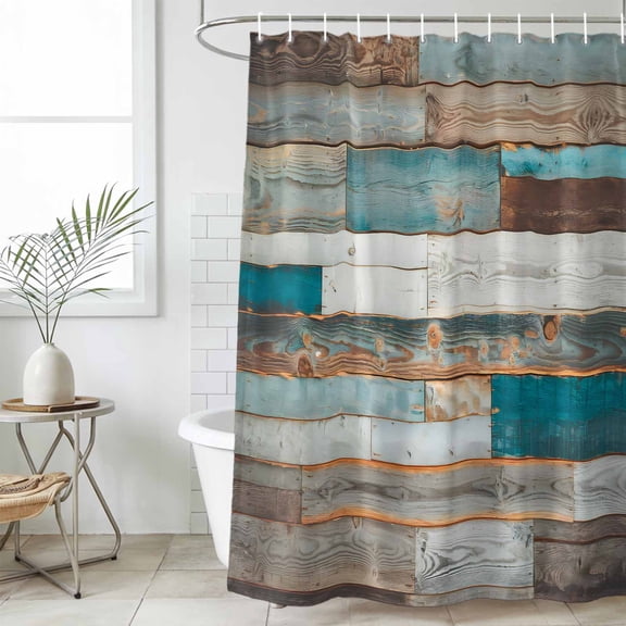Turquoise Brown Waterproof Fabric Shower Curtain,Vintage Country Ombre Wooden Grain Waterproof Fabric Shower Curtain for Bathroom Curtains Bathtubs Hotel Shower Curtains with 12 Hooks Small 36x72in