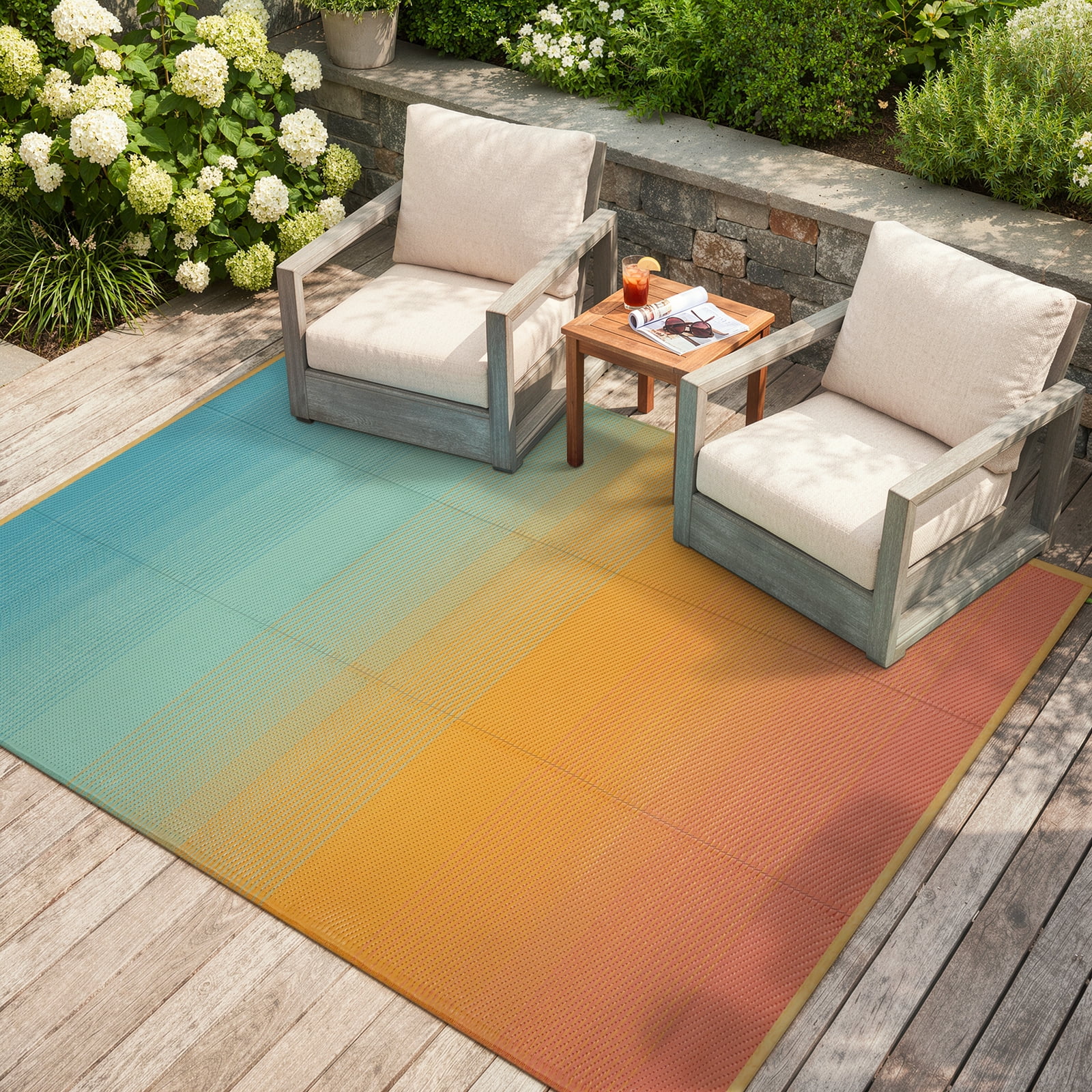 SUNDEREY Outdoor Rug 5'x8', Waterproof Reversible Plastic Straw Mat for Patio, RV & Camping - Non-Slip UV Resistant Carpet for Beach, Poolside & Deck, Orange & Blue