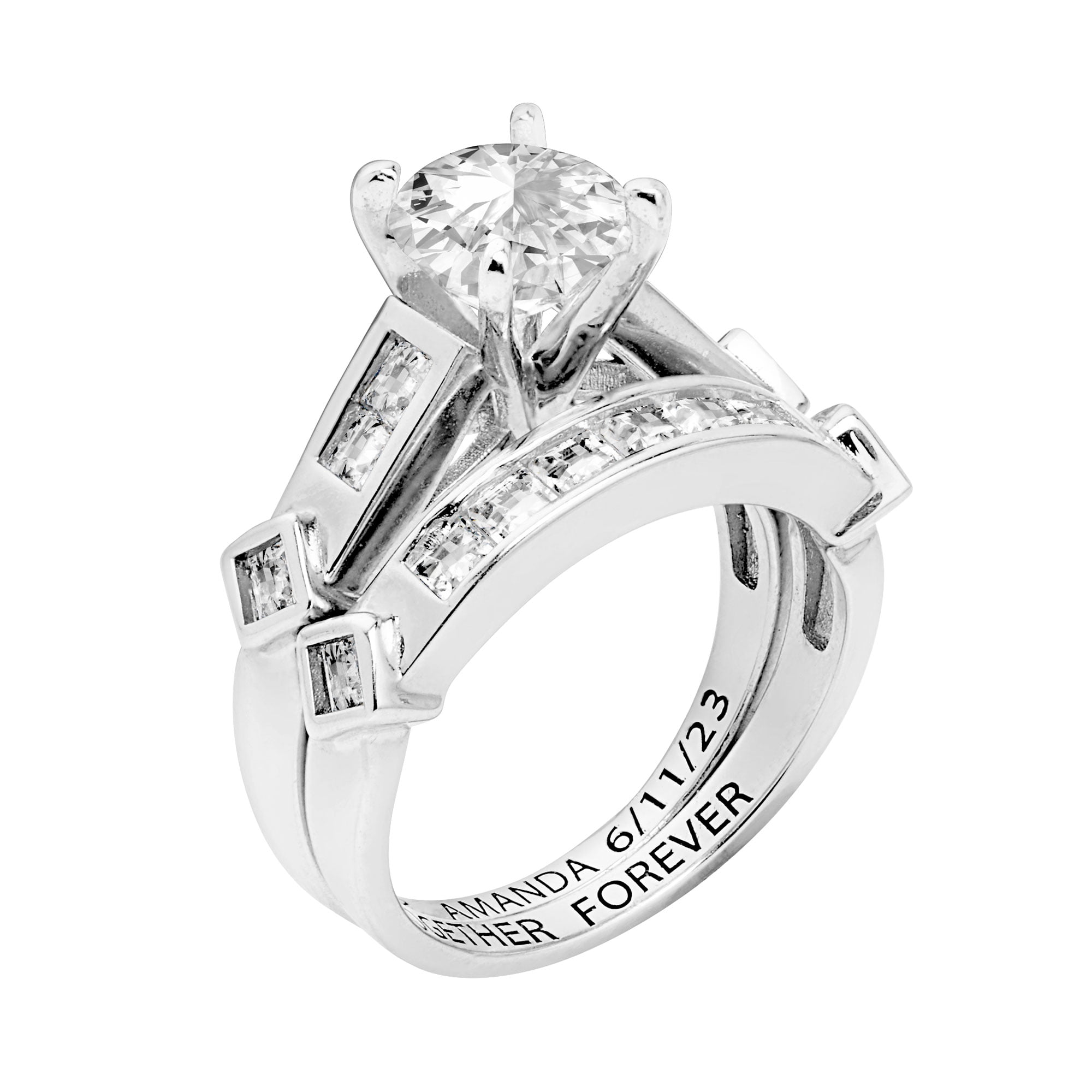 Vow & Forever Personalized Planet Bridal Platinum over Sterling Silver Brilliant White Topaz 2 Piece Engraved Wedding Set ,Women's