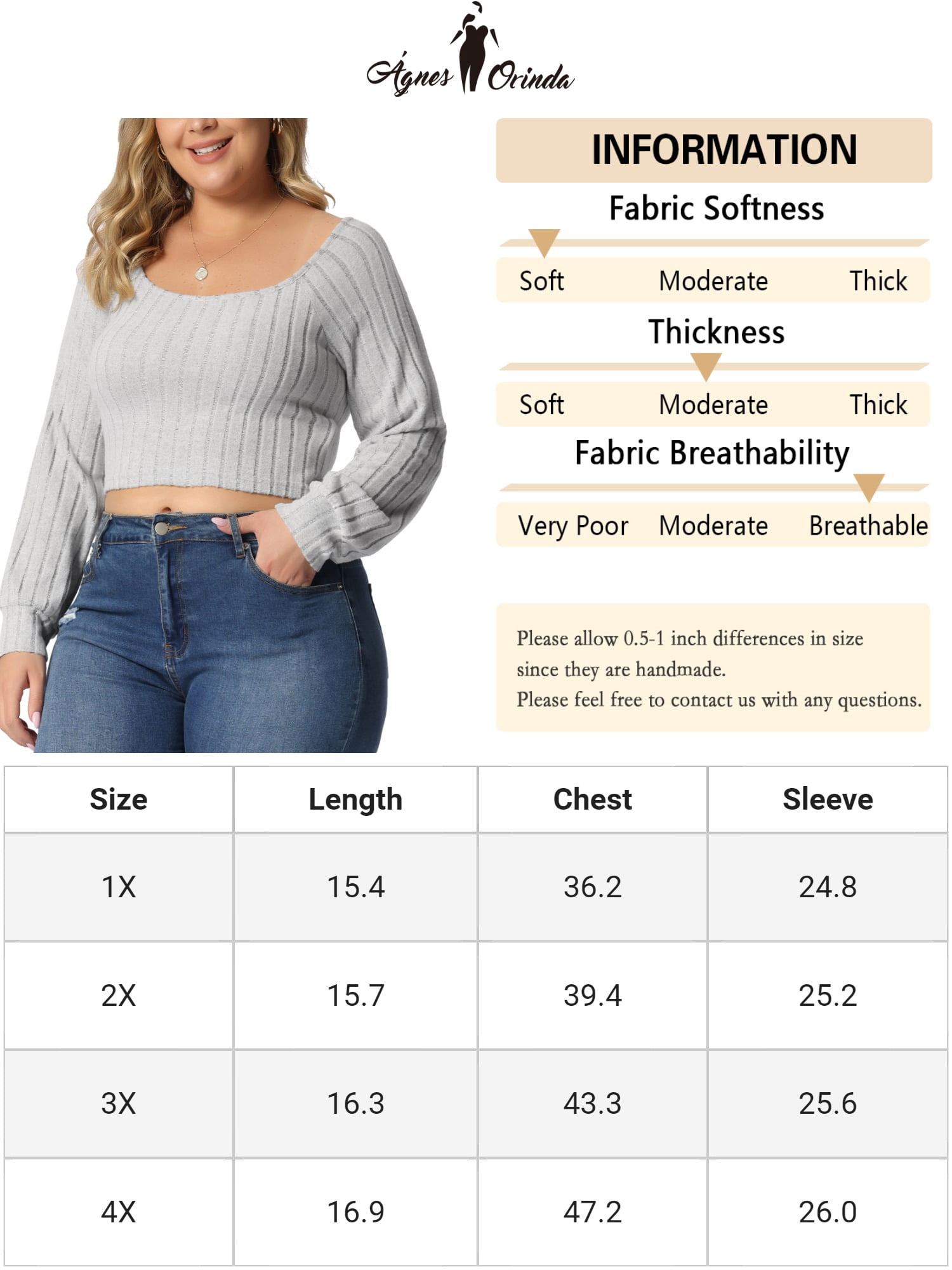 Unique Bargains Women's Plus Size Blouse Square Neck Long Sleeve Cropped Tops 2X Gray