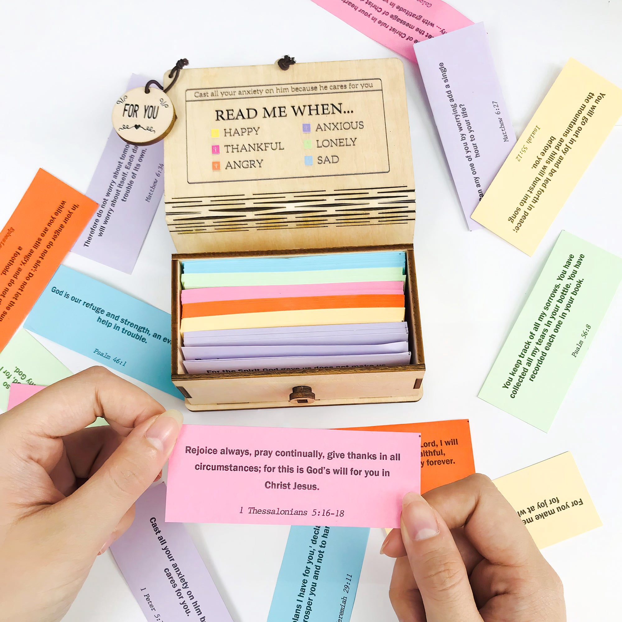 Handmade Bible Verse Cards Box (150 pcs), Read Me When Bible Verses With Wooden Box for Emotions and Feelings, Graduation Gift for Women Men