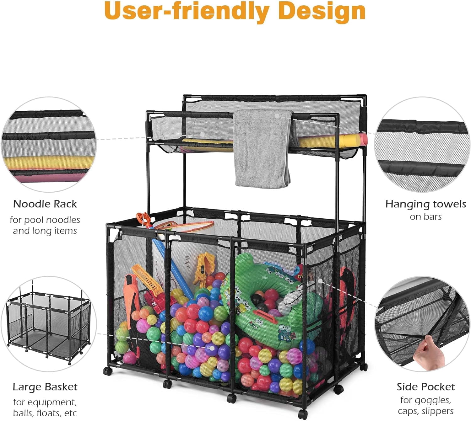 Mesh Pool Storage Organizer Bin Pool Noodles Holder Rolling Cart Double Decker with Metal Frame Noodle Rack, Extended Sturdy Connectors for Stability, XX-Large, 49" L x 30" W x 61" H, Black