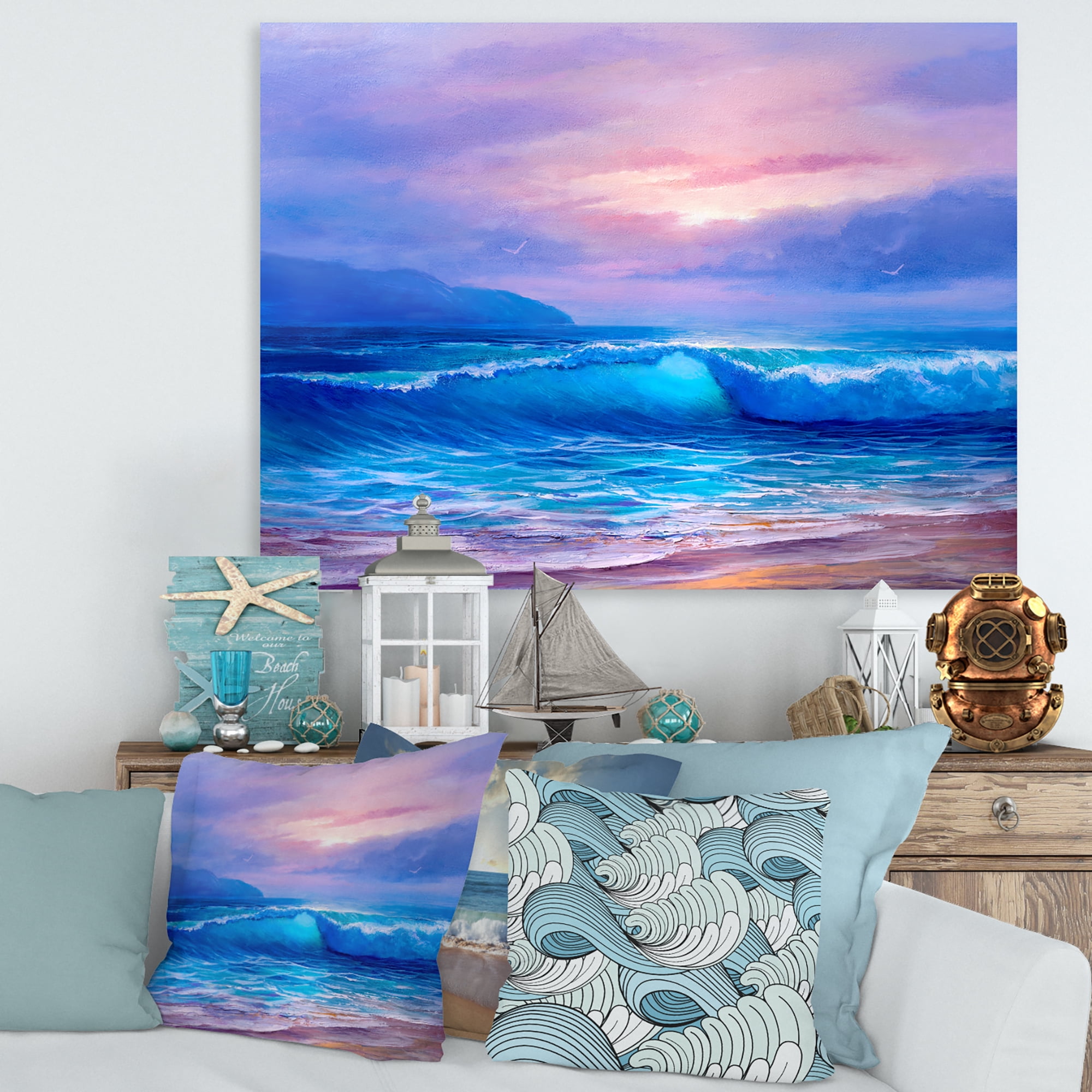 The Sea By The Beach With Golden Sunset 8 in x 12 in Painting Canvas Art Print, by Designart