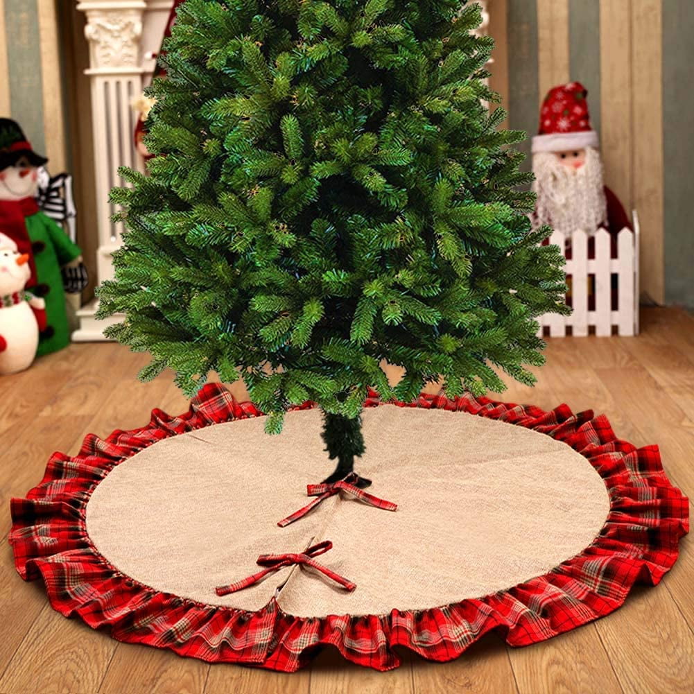 Christmas Tree Print Skirt Mat Cover Stand Red Rug Xmas Home Floor Party Decors 