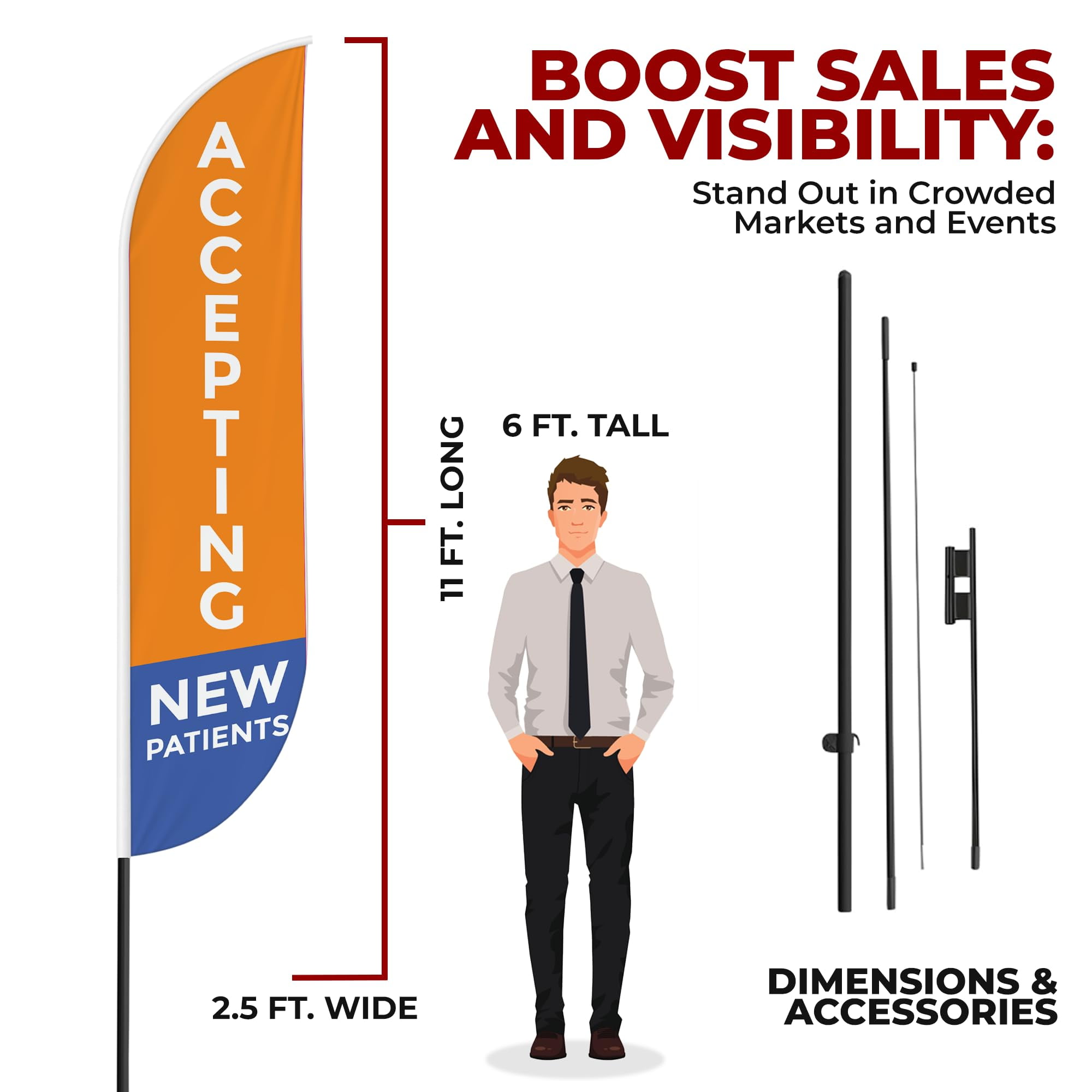 Accepting New Patients Sign feather flag Pole kit for Outdoor by Mavis | 15 FEET Tall Polyester Banner Flag Pole Mount with Cover | HD Print Swooper Flags to Promote Medicine | Made in USA