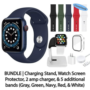 Restored Apple Watch Series 6 (GPS, 40 mm) Blue Aluminum Case Bundle: Deep Navy Sport Band Bundle: 5 Bonus Bands, Charging Stand, Screen Protector, & 2 amp charger (Refurbished)