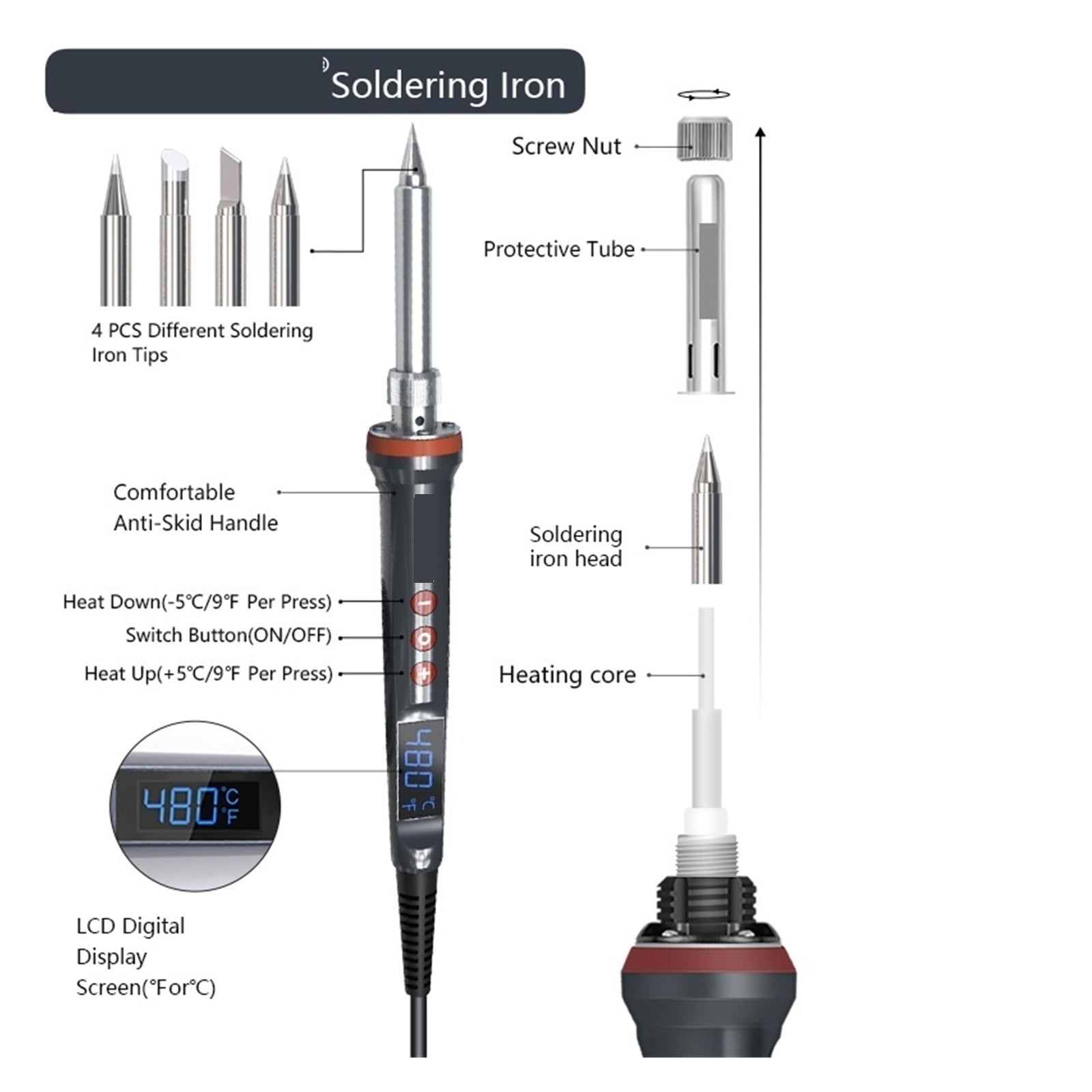 100W/200WDigital Electric Soldering Iron Kit Set Temperature Adjustable,Ceramic Heater Welding Solder With 4 Tips,Welding Tools