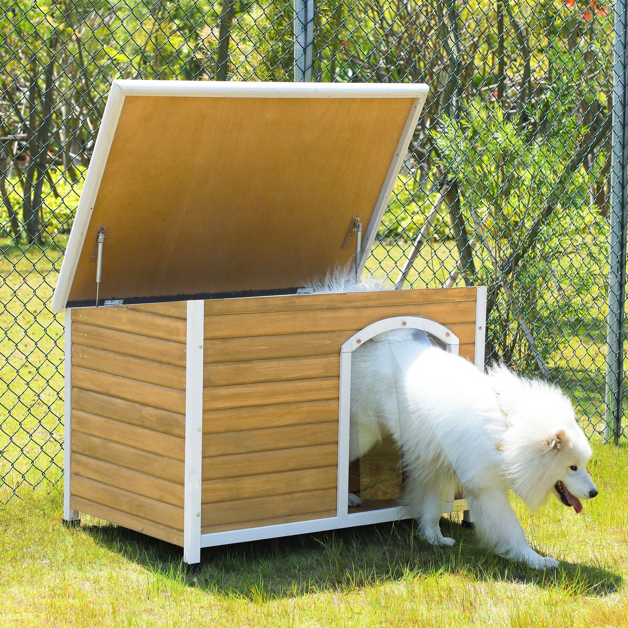 Demi Bonn 45" Outdoor Wooden Dog Houses with An Open Roof, Elevated Floor, Weatherproof Dog Kennel, Indoor Cat House, Yellow
