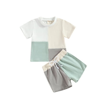 

Binpure Toddler Baby 2Pcs Summer Outfits Short Sleeve Contrast Color Patchwork Tops + Shorts Set