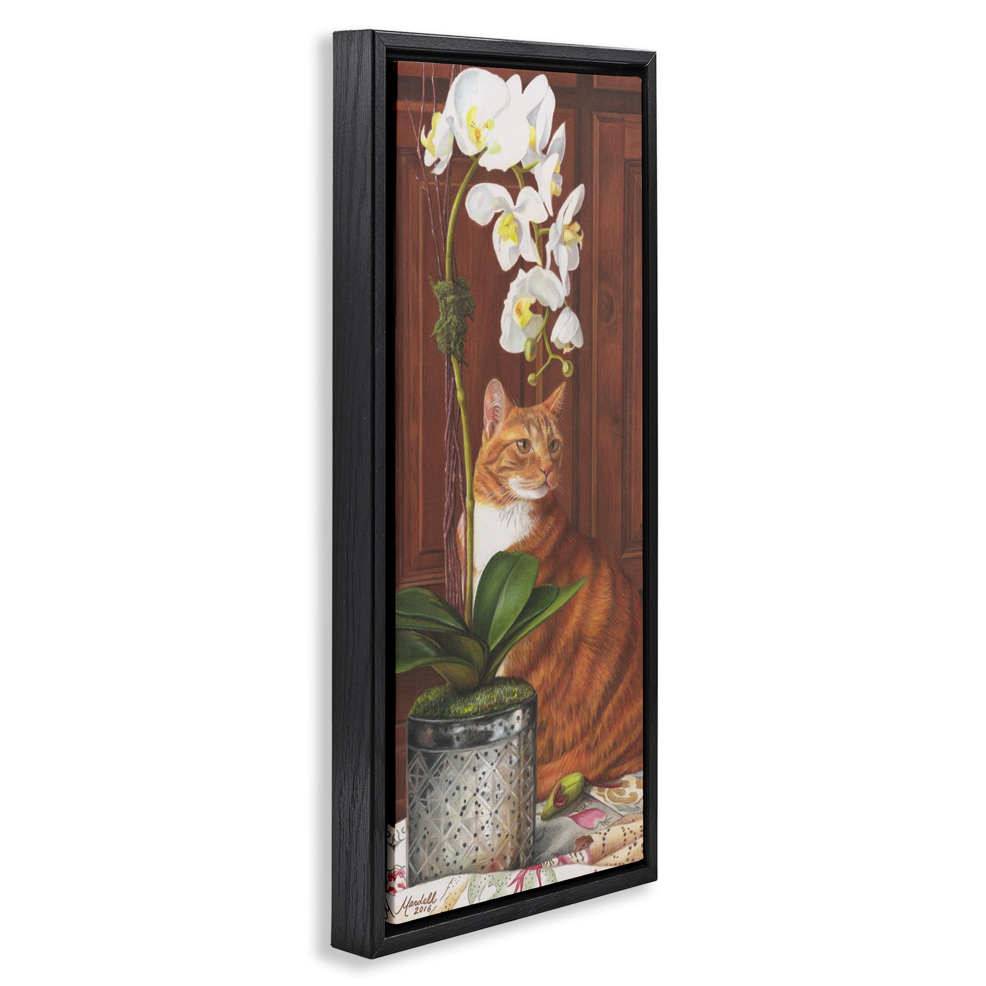 Stupell Industries Cat & Orchid Flower Animals & Insects Painting Black Floater Framed Canvas Art Print Wall Art, 11 x 25