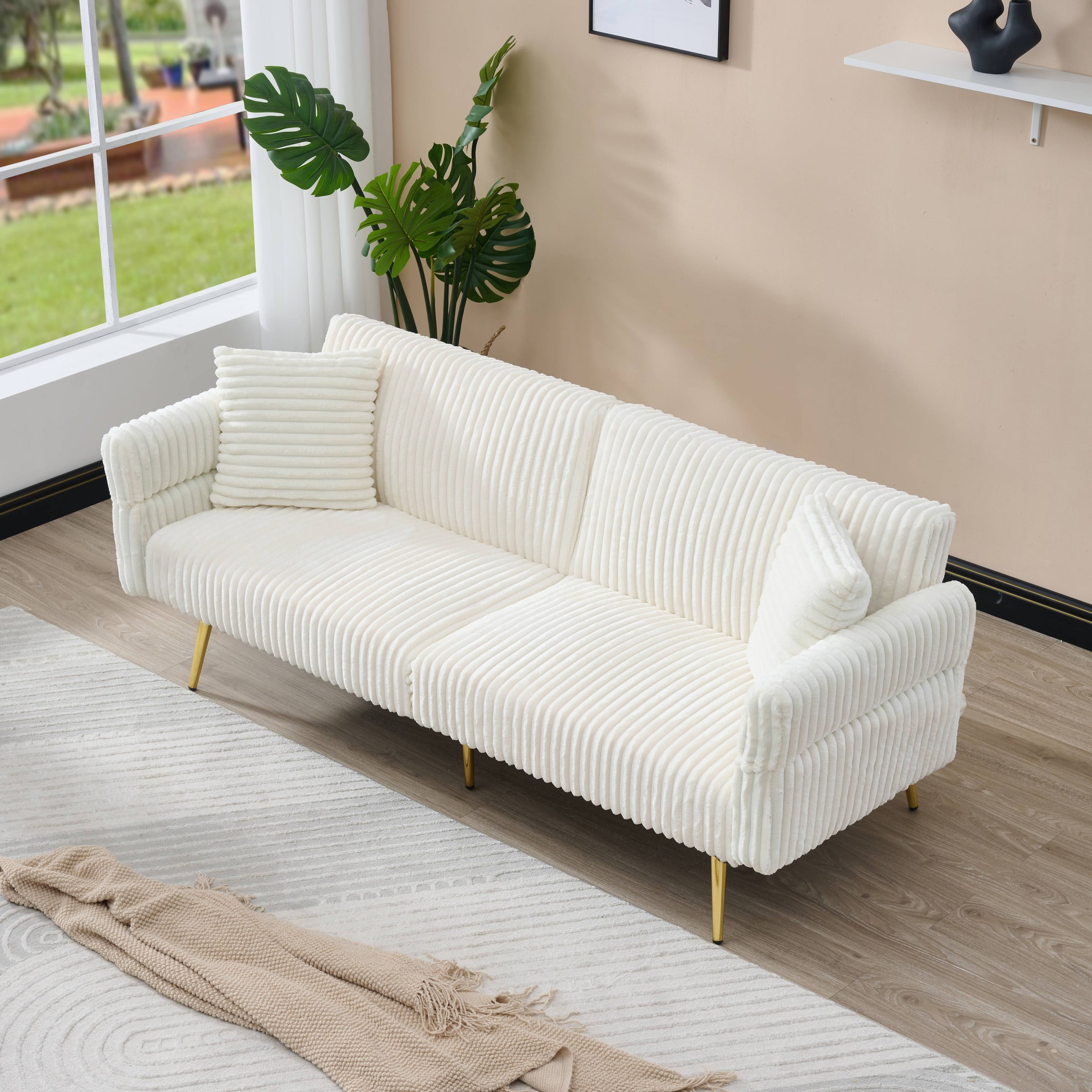79 inch Convertible Folding Futon Sofa Bed Sleeper Couch for Living Room Corduroy Upholstered Recliner Loveseat Lounge wtith Adjustable Armrests,2 Throw Pillows,White