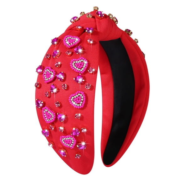 Diademas de corazón para el día de San Valentín para mujer, accesorios para el día de San Valentín, con cuentas de corazón, diadema anudada, rosa, rojo, con diamantes de imitación, diadema ancha con n