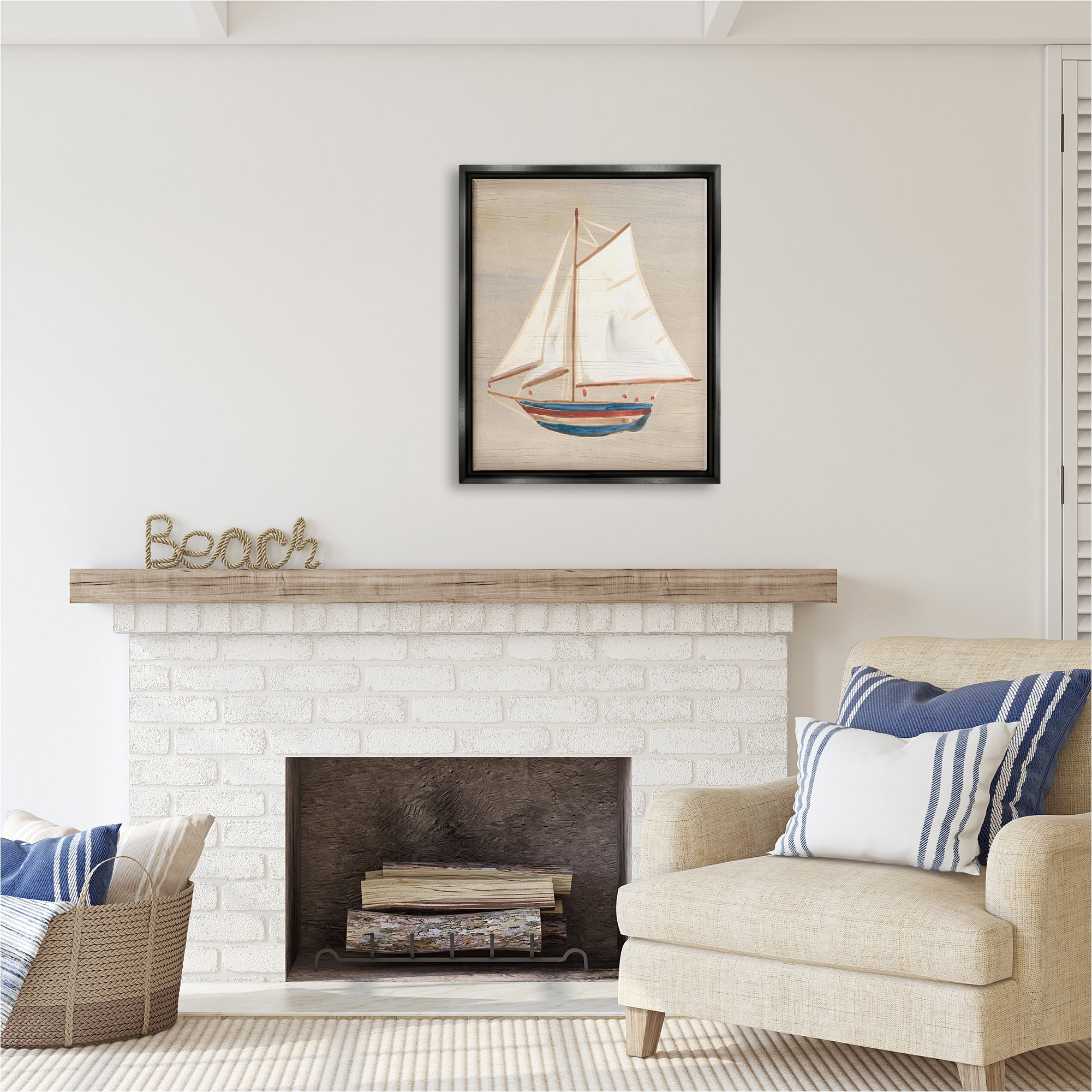 Stupell Industries Blue & Red Sailboat Transportation Painting Black Floater Framed Canvas Art Print Wall Art, 25 x 31