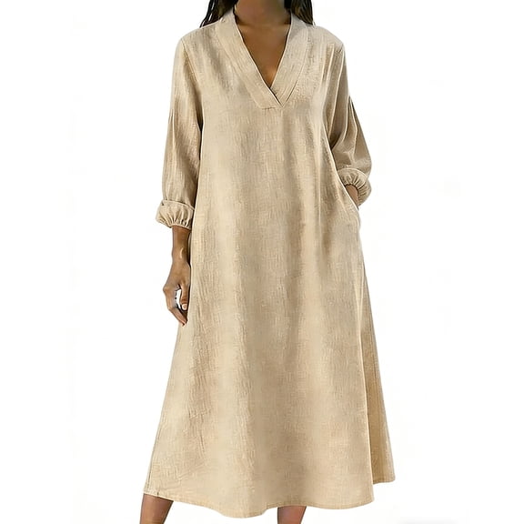HAPIMO Women Maxi Dress With V Neck Puff Sleeves Side Pockets For Daily Wear And Vacation Khaki XL