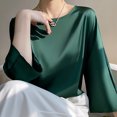 thumbnail image 6 of RYRJJ Womens Dressy Tops Casual Satin Silk Blouse Elegant Crewneck 3/4 Bell Sleeve Shirts Loose Flowy Work Top(Green,XL), 6 of 6