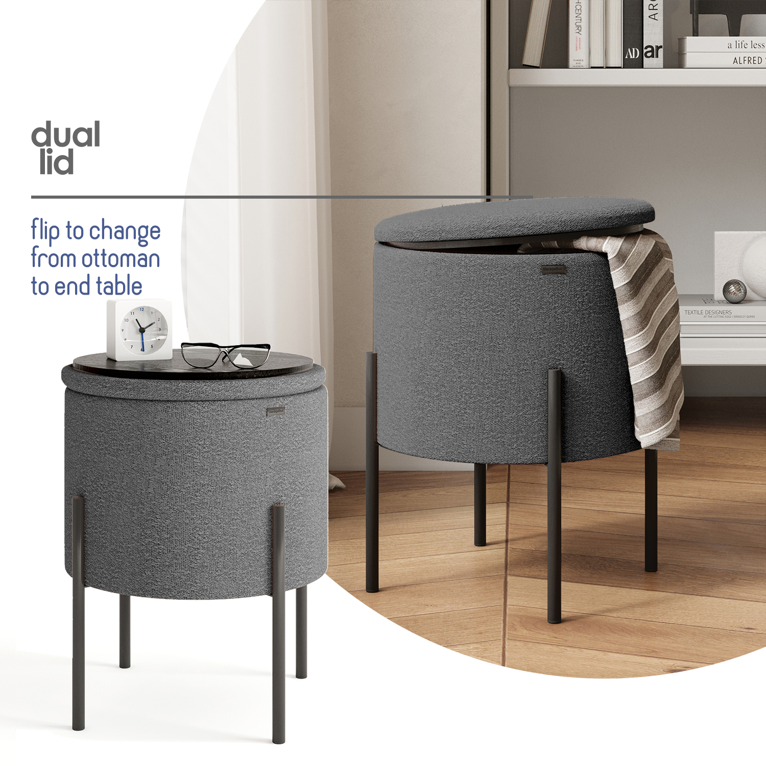 LammaLoe Small Round Ottoman with Storage, Boucle Ottoman Foot Stool with Lid, Upholstered Vanity Stool for Living Room & Bedroom, Grey