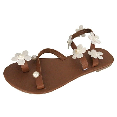 

CLZOUD Women Sandals Brown Women Slippers Flower Beading Beach Anti-Slip Toe Post Sandal Roman Beach Shoes 43