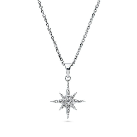 BERRICLE Sterling Silver North Star Cubic Zirconia CZ Fashion Pendant Necklace for Women 18 inch, Rhodium Plated