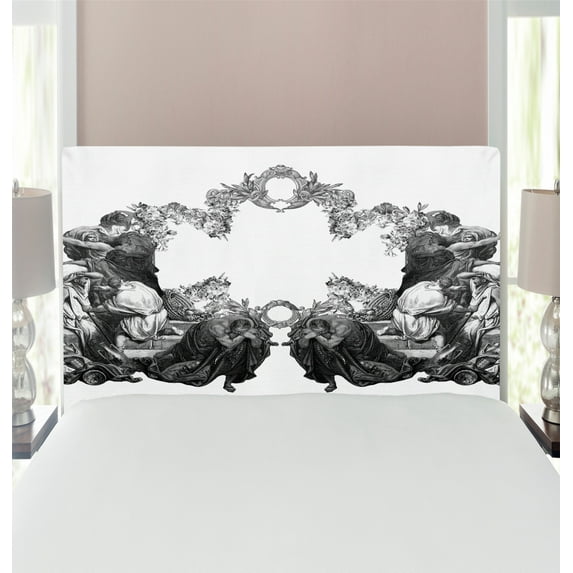 Victorian Headboard, Frightened People Antique Sketch Art Floral Arch Flowers Leaves Western Culture, Upholstered Decorative Metal Bed Headboard with Memory Foam, Twin Size, Black White, by Ambesonne