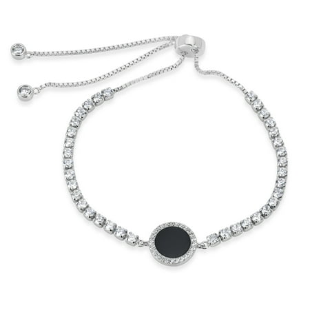 8.5mm Black Onyx and White Cubic Zirconia Sterling Silver Rhodium Plated Round Box Chain Bolo Bracelet 10