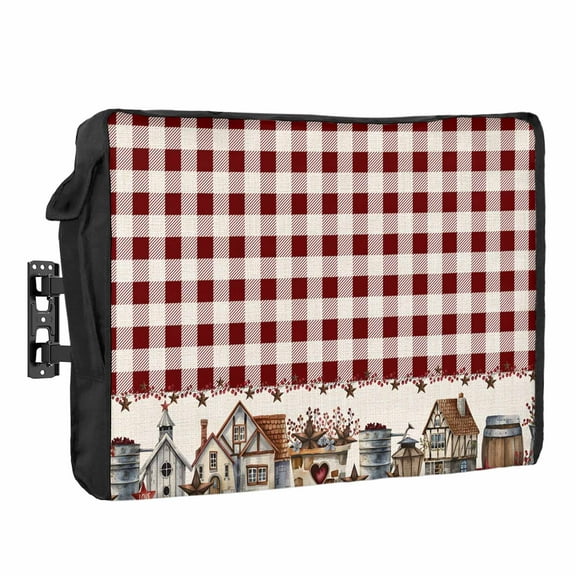 Outdoor TV Cover 70 to 75 Inches, Red Buffalo Plaid Country Star Barn Barrel Farmhouse Waterproof and Weatherproof TV Cover with Remote Control Pocket, Flat Screen TV Cover Protector for Outside TV