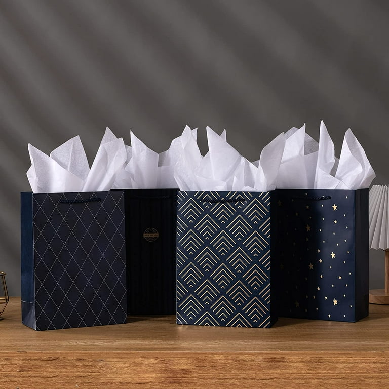 Shipkey 10 Pack Navy Blue Gift Bags with Tissue Paper, Blue Gift Bags with Stripes, Gift Bags for Men, Groomsmen Gift Bags 8x4x11 Kraft Paper Bags
