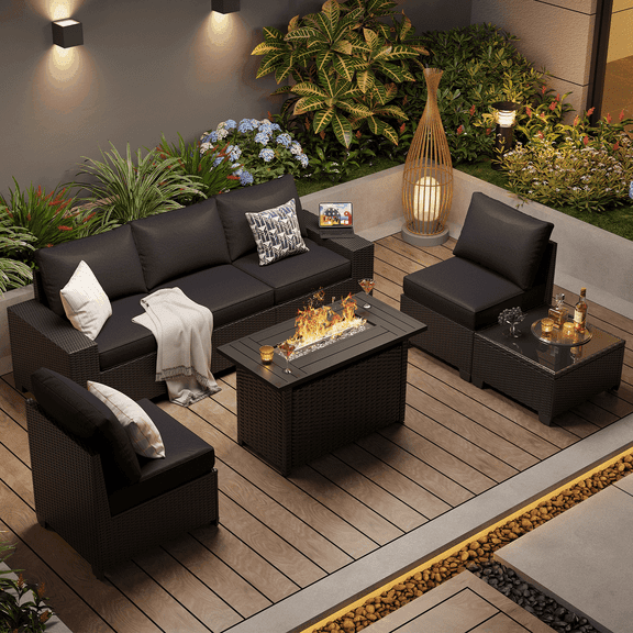Clouddwell 7-Piece Outdoor Patio Set, 8-Inches Widen Armrest, All-Weather Wicker Sectional with Fire Table, Coffee Table & Custom Protective Cover Black