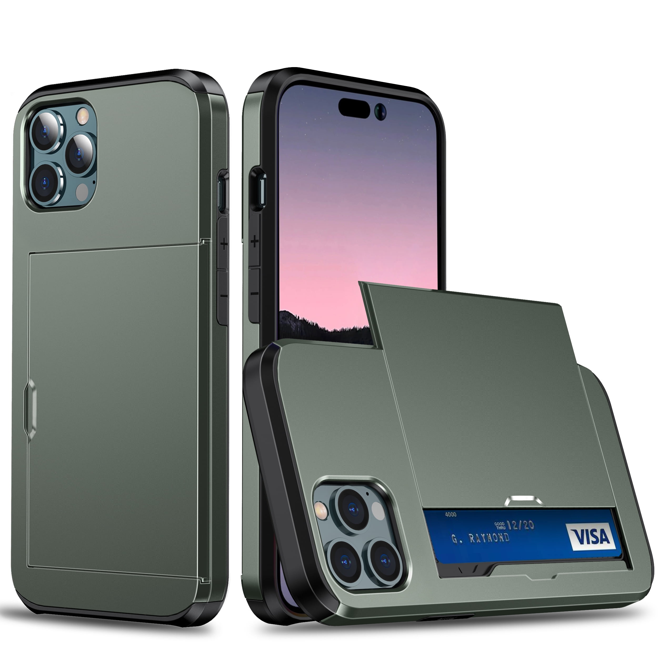 For iPhone 14 Pro 6.1 inch Card Slot Design Phone Case Hard PC Soft TPU  Hybrid Slide Camera Lens Cover Design Kickstand Back Cover - Gold Wholesale