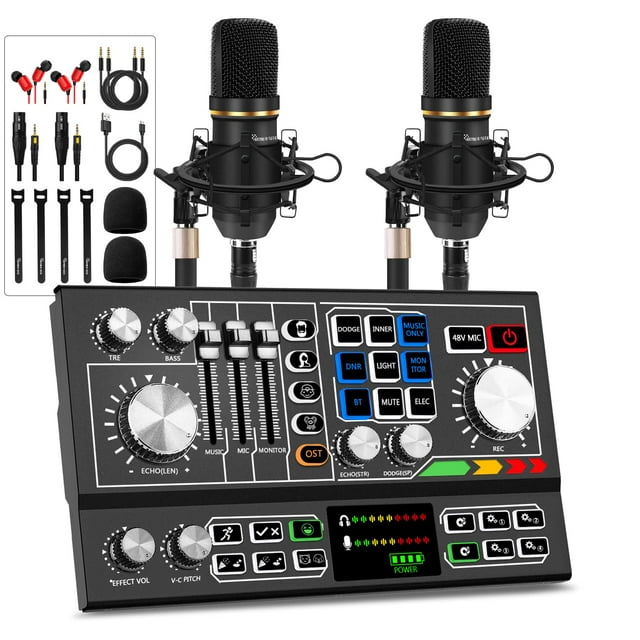 Paquete de equipos de podcast para 2, mezclador de audio con micrófono de condensador e interfaz de audio de fuente de alimentación fantasma de 48 V para juegos de grabación en vivo