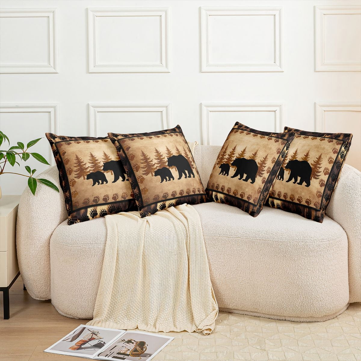 Bear Throw Pillow Covers 24"x24" Set of 2 Soft Wild Animal Cushion Covers for for Couch Sofa Rustic Cabin Country Nature Wildlife Bear Tree Yellow Brown Decorative Pillowcases Outdoor Pillows Covers