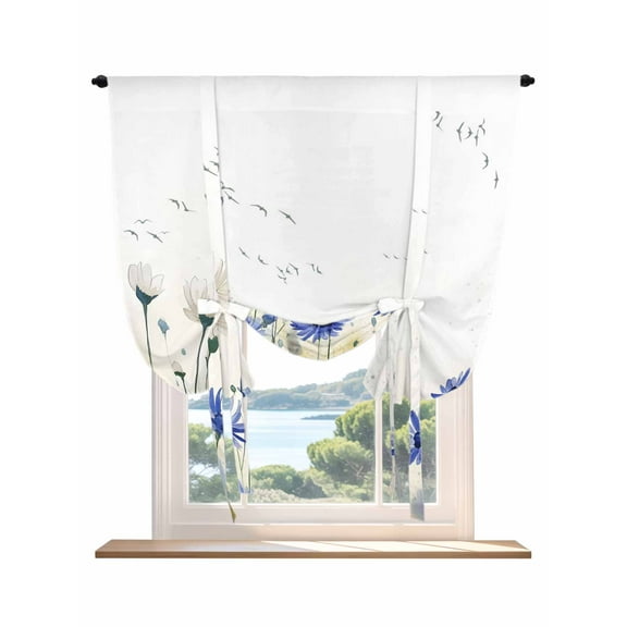 Botanical Flowers Tie Up Curtains for Windows 45 Inch Length Balloon Curtains Kitchen Adjustable Balloon Window Shade Watercolor Country Blue White Floral Tie Up Bathroom Curtain Window 34"x45"