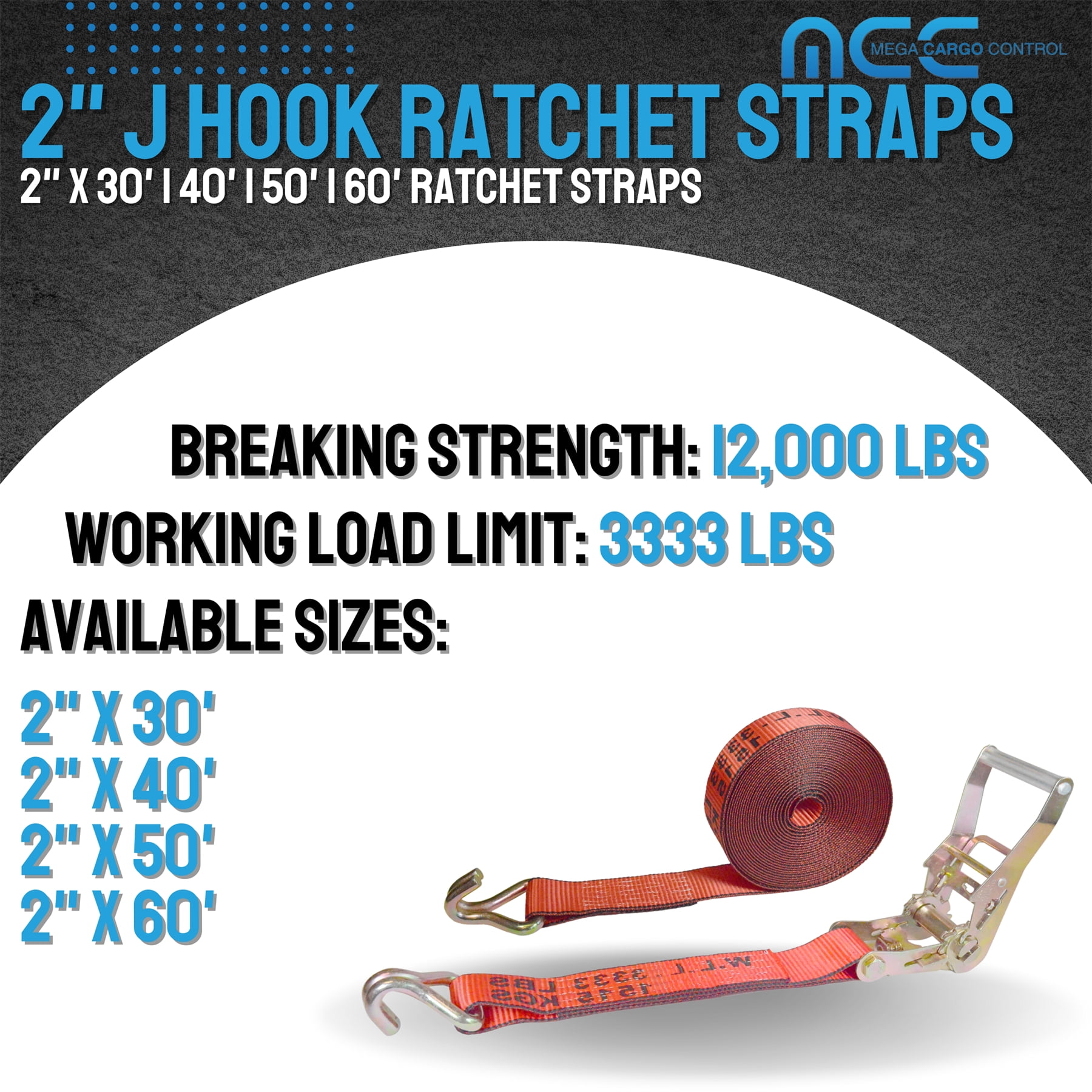 Mega Cargo Control USA Heavy Duty 2" x 60' Ratchet Strap J Hook Flatbed Truck Farm Tie Down 2 Pack