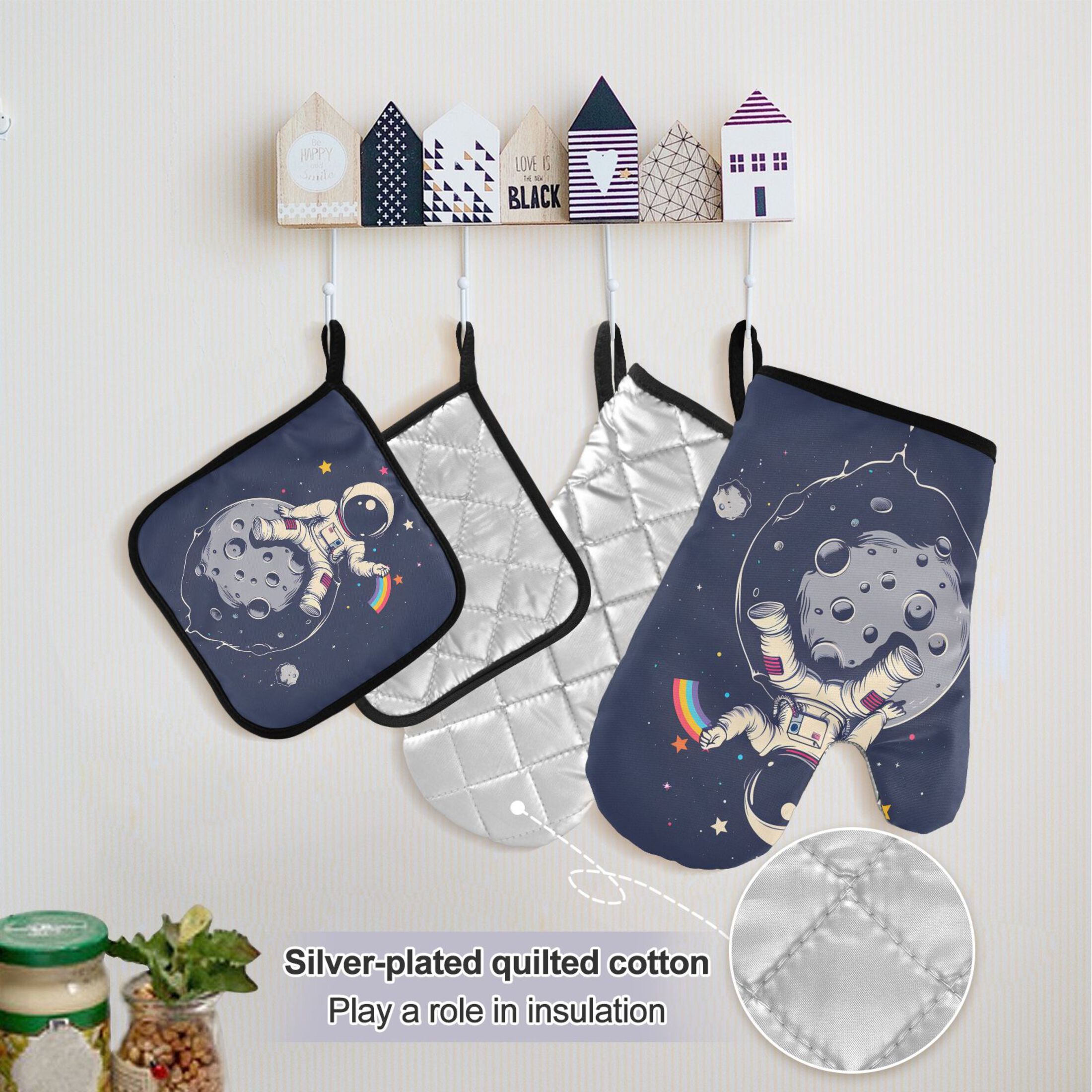 Astronaut on Moon 5 Pcs Kitchen Set Heat Resistant Oven Mitts and Non-Slip Pot Holders with Adjustable Cooking Apron