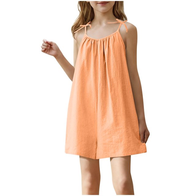 Lenpel Girls' Summer Jumpsuits Casual Sleeveless Scoop Neck Spaghetti Strap Short Rompers Loose Overalls 4-15 Years