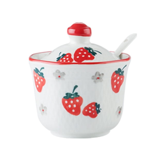 Hand Drawn Pattern Sugar Bowl With Lid, Ceramic Teacup Shape Sugar Pot, Coffee Accessories, Sugar Pourer, Kitchen Storage-Red Strawberry-1