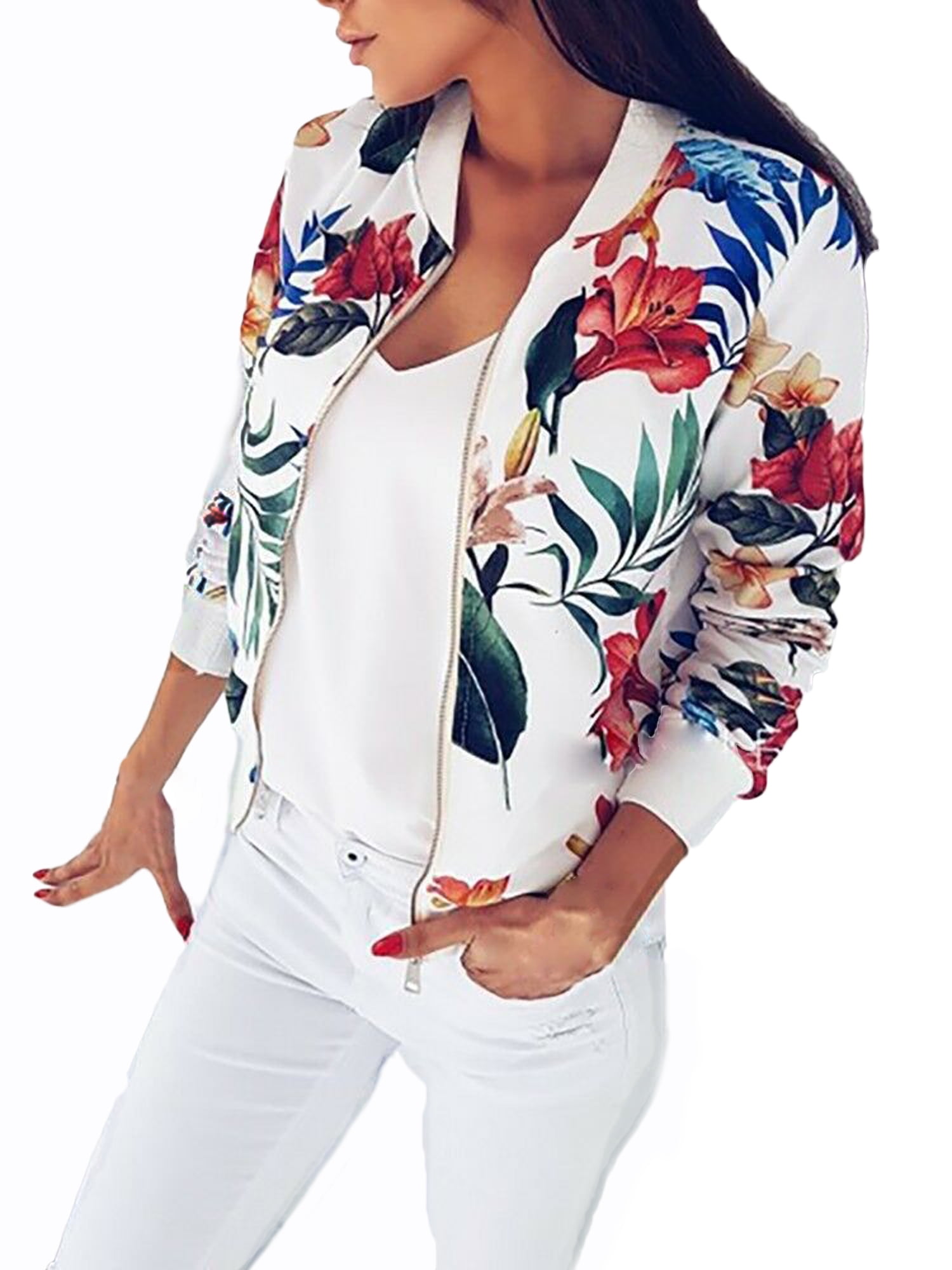 Yoaresweet Womens Spring Summer Floral Print Jacket Classic Short Stand Collar Zip Up Bomber Jacket Coat