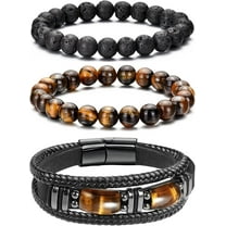 Mens Bracelet Set Black Leather Bracelets for Men Tiger Eye Bracelet 8mm Lava Rock Beaded Bracelets Adjustable Stretch