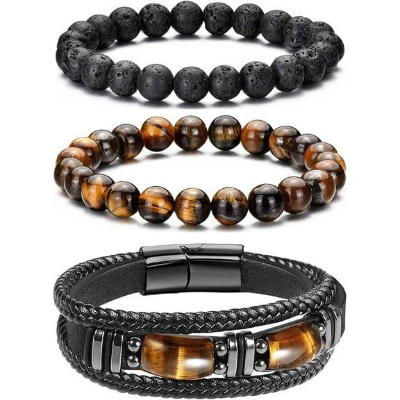 Mens Bracelet Set Black Leather Bracelets for Men Tiger Eye Bracelet 8mm Lava Rock Beaded Bracelets Adjustable Stretch