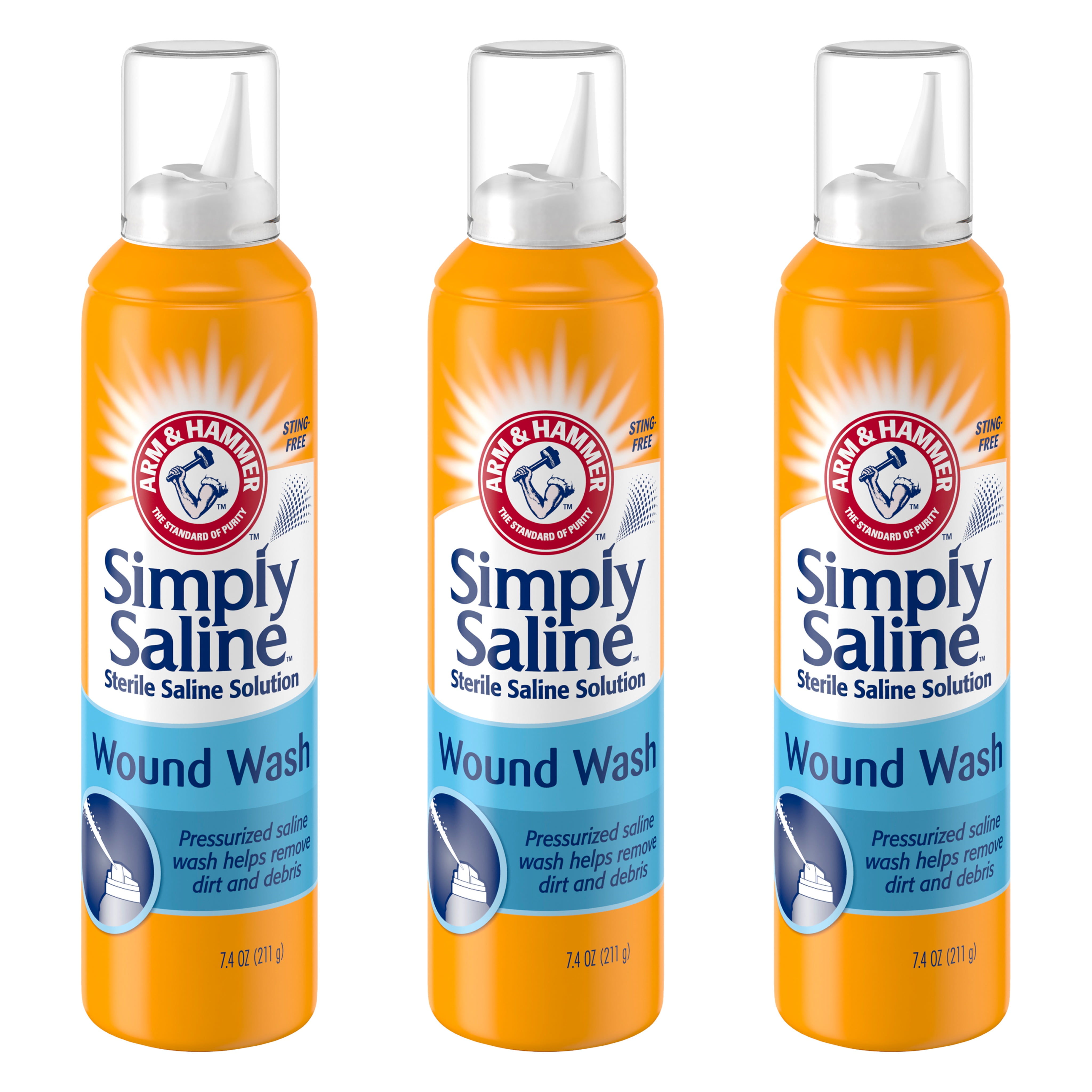 Pack of 3 Arm & Hammer Simply Saline Wound Wash Spray, Sting-Free, 7.4 oz each