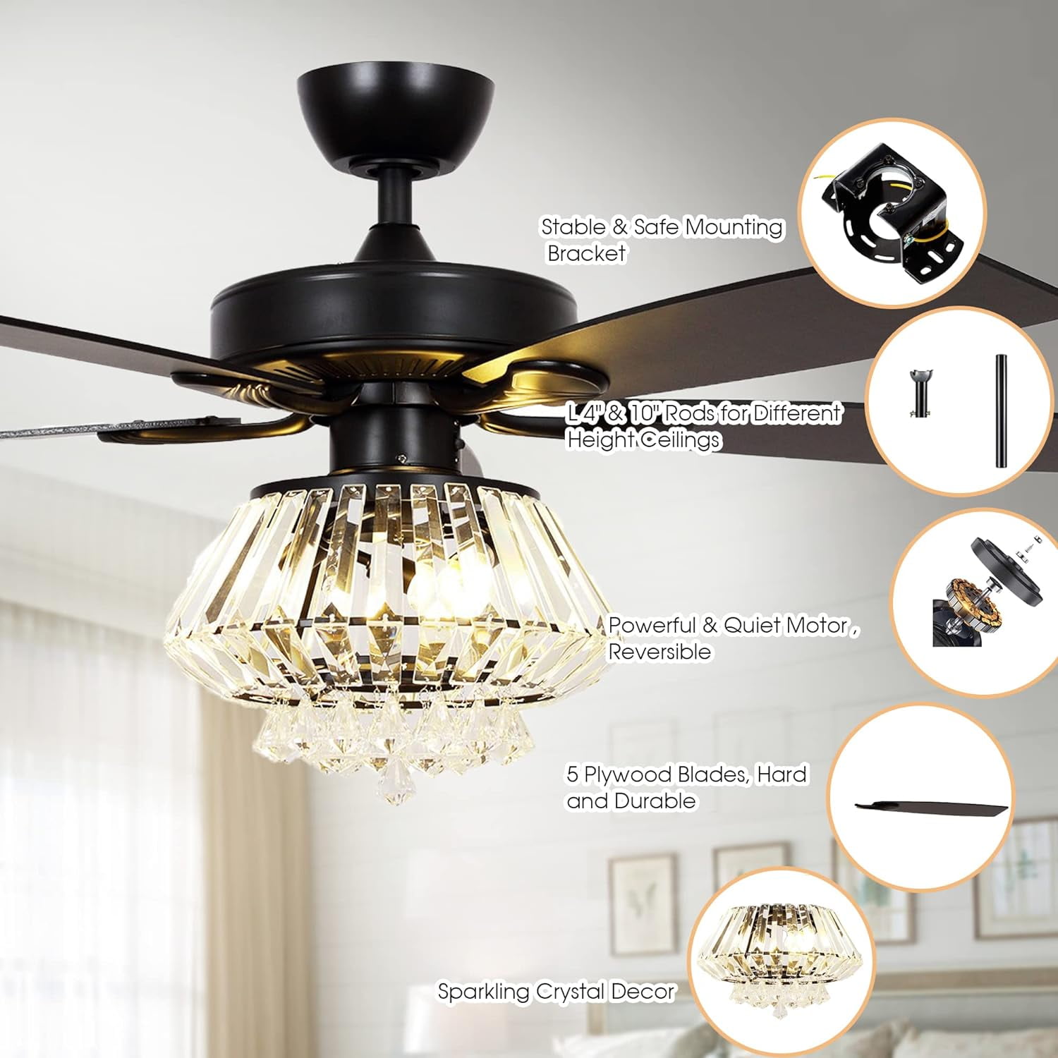 Parrot Uncle Ceiling Fan with Remote Control 52 inch Diamond Crystal Chandelier Fan with Light 5 Reversible Blades Ceiling Fan, 3 Bulbs Not Included, Black