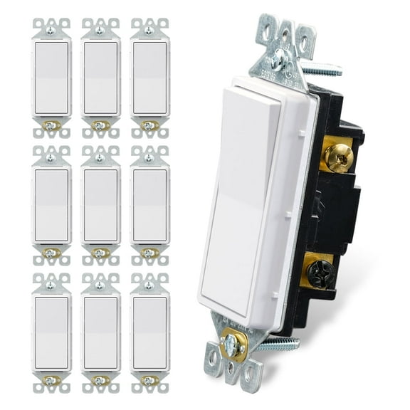 Decorative Light Switch 3 way, 15Amp, 120/277 Volt, AC Decorator Rocker Paddle Wall Switch Replacement, Self-Grounding, Residential and Commercial Grade, UL Listed ,10 Pack, Glossy White