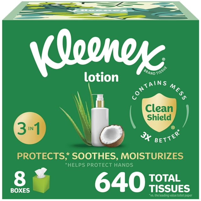 Loción Kleenex Facial Tissue con aceite de coco, 3 capas, 640 pañuelos