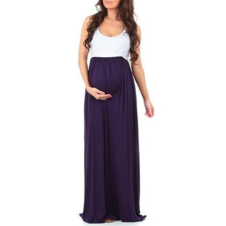 Tuscom Women's Sleeveless Ruched Color Block Maxi Maternity Pregnancy Splicing