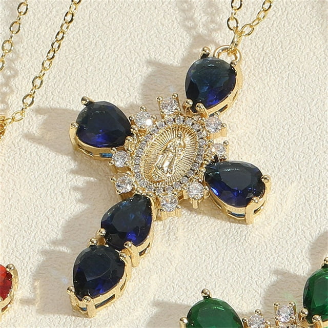 Colgante de circonita europeo y americano, Nuestra Señora del collar, cadena de clavícula, cruz de madreperla azul