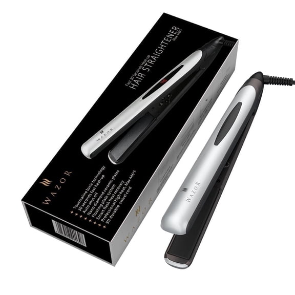 Wazor Instant Heat Long Professional 1 in Ceramic Flat Iron Hair Straightener, Ionic, Silver