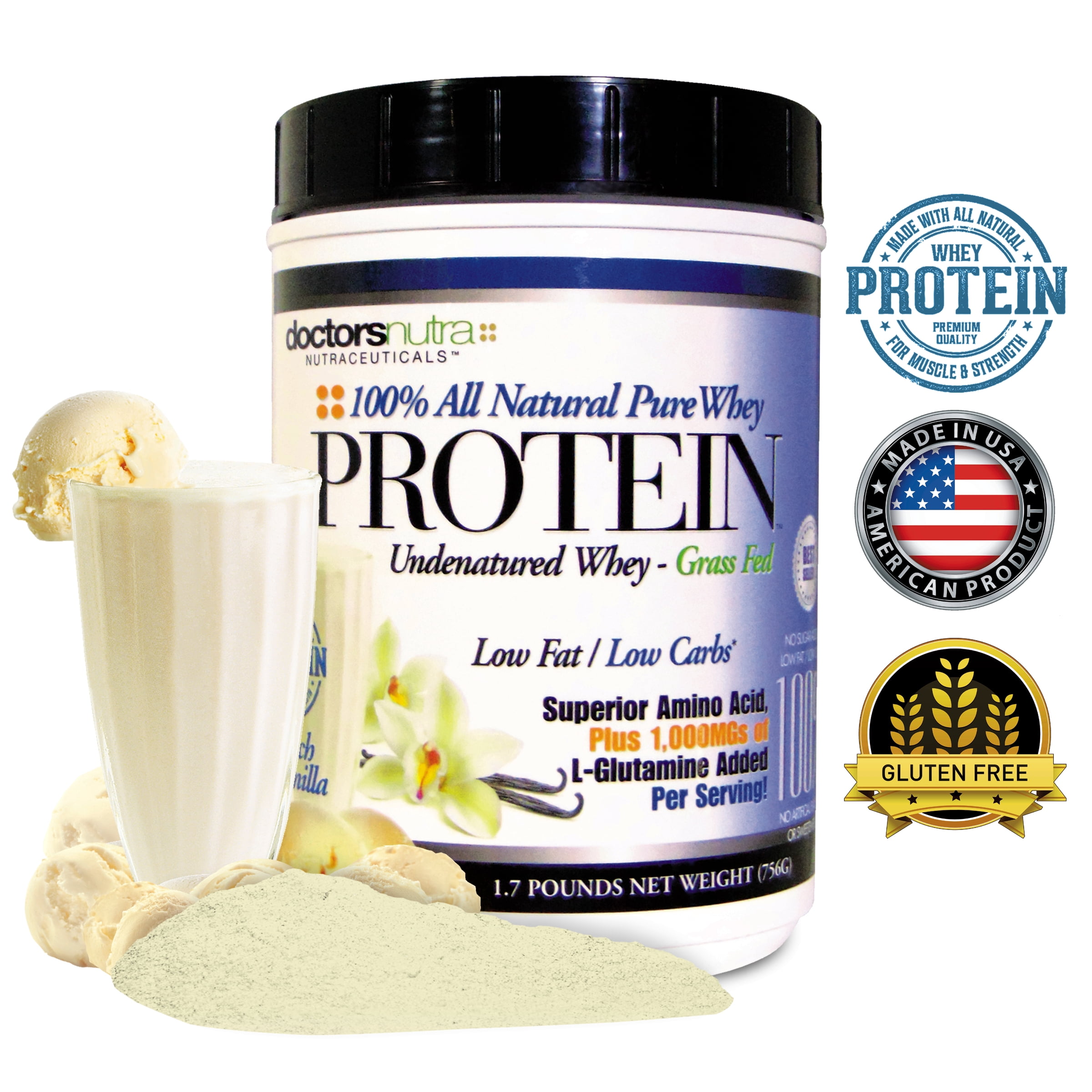Whey Protein Pure 100 Percent 1.7 lb Undenatured Grass Fed by Doctors Nutra, Low Carb Low Fat, Rich Vanilla Flavor - Ultrafiltered Plus 1000 Milligrams L-Glutamine